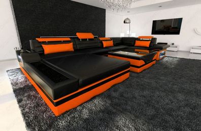 Sofa Wohnlandschaft Mezzo schwarz orange Ledersofa mit LED Couch & USB Anschluss