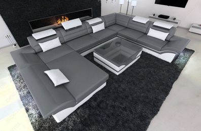 Sofa Wohnlandschaft EnzoO XXL grau weiss Ledersofa mit LED Couch & USB Anschluss