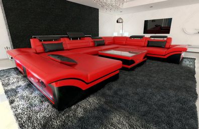 Sofa Wohnlandschaft Enzo XXL Couch rot schwarz Ledersofa mit LED Couch & USB Anschl.