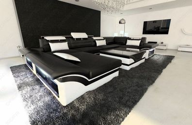 XXL Sofa Wohnlandschaft Enzo in Leder schwarz weiss Ledersofa mit LED Couch & USB