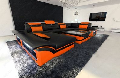 Ledersofa Enzo Wohnlandschaft schwarz orange Ledersofa mit LED Couch & USB Anschluss
