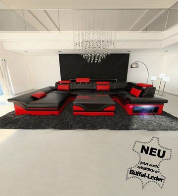Ledersofa Enzo U Form Wohnlandschaft schwarz rot Ledersofa mit LED Couch & USB