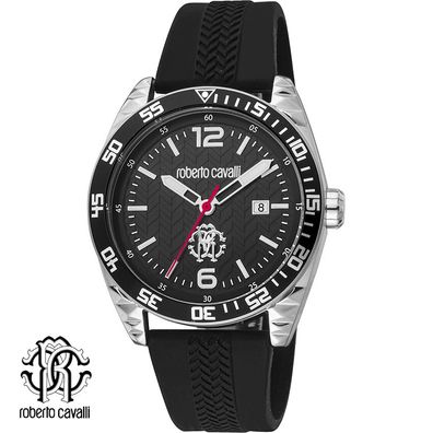 Roberto Cavalli RC5G018P0035 silber schwarz Kautschuk Armband Uhr Herren NEU