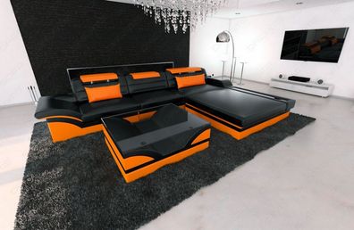 Ledersofa Parma L Form schwarz-orange Ecksofa Ledersofa mit LED Couch & USB Anschluss