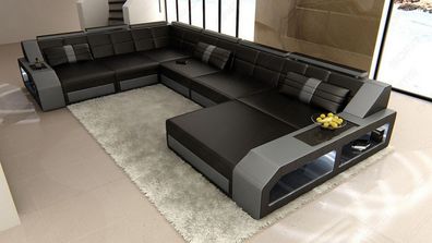 Wohnlandschaft Matera XXL schwarz-grau Ecksofa Ledersofa mit LED Couch & USB Anschl.