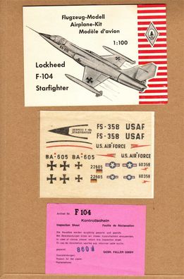 Faller 1:100 Flugzeugmodell 1104 Lockheed F-104 Jet Anleitung Decals Kontrollschein