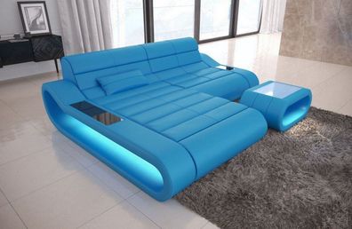 Ledersofa Concept L Form kurz blau Ecksofa Designersofa Ledersofa mit LED Couch & USB
