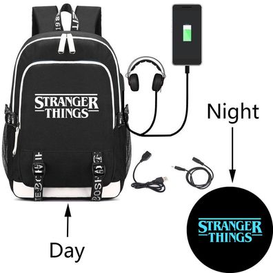 Stranger Things USB Rucksack Herren Damen Blau Leuchtend Schultasche 30x15x44cm