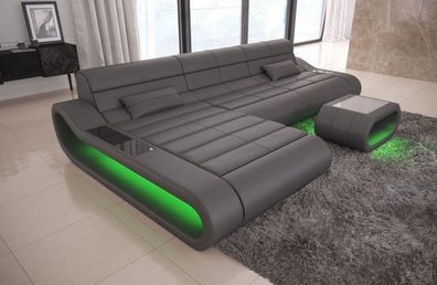 Ecksofa Concept L Form lang Designersofa in grau Ledersofa mit LED Couch & USB