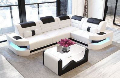 Ledersofa Como L Form Sofa weiss Ecksofa Ledersofa mit LED Couch & USB Anschluss