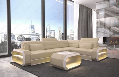 Ledersofa Verona L Form beige Ecksofa Designersofa Ledersofa mit LED Couch & USB