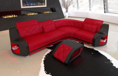 Ledersofa Genua L Form Ecksofa rot-schwarz Ledersofa mit LED Couch & USB Anschluss