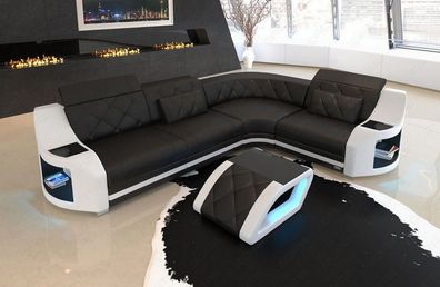 Ledersofa Genua L Form Ecksofa schwarz-weiss Ledersofa mit LED Couch & USB Anschluss