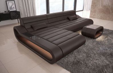 Ledersofa Concept L Form lang Ecksofa dunkelbraun Ledersofa mit LED Couch & USB