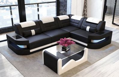Ledersofa Como L Form Ecksofa in schwarz-weiß Ledersofa mit LED Couch & USB Anschluss