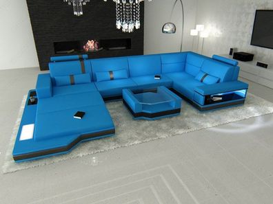 Ledersofa Wohnlandschaft U Form blau Sofa Wohnlandschaft mit LED Couch & USB Anschl.