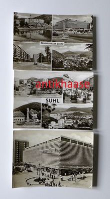 3 DDR Ansichtskarten AK Mehrbild Suhl Centrum Warenhaus Stadthalle Steinweg