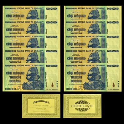 10 Scheine Hundred Trillion Dollar 24 K vergoldete Banknote Zimbabwe (CM461)