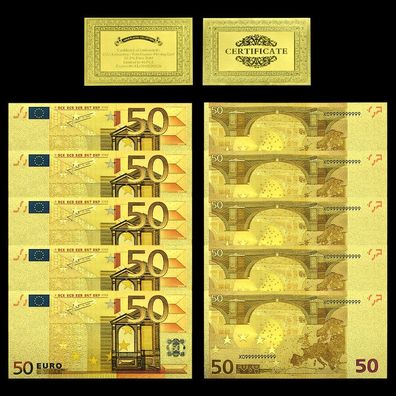 5 Stück 50 Euro Banknoten Gold Plated mit Farbe Souvenier (CM463)