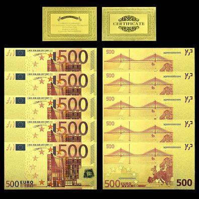 5 x 500 Euro Goldfolie Banknoten + Zertifikat (CM471)