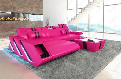 Ledersofa Apollonia L Form Ecksofa in pink-schwarz Ledersofa mit LED Couch & USB