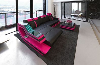 Ledersofa Ravenna L Form Ecksofa schwarz-pink Ledersofa mit LED Couch & USB Anschluss
