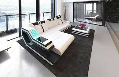 Sofa Ravenna L Form LED weiß-schwarz Ecksofa Ledersofa mit LED Couch & USB Anschluss