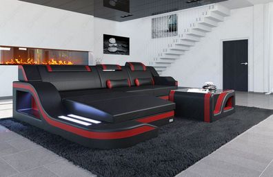 Ecksofa Palermo L Form Sofa in schwarz-rot Designersofa Ledersofa mit LED Couch & USB