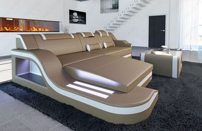 Ledersofa Palermo L- Form Ecksofa sandbeige- weiss Ledersofa mit LED Couch & USB
