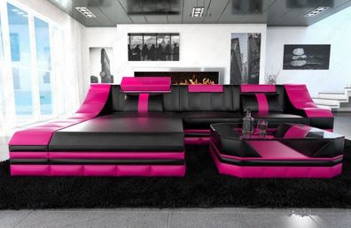 Ledersofa Turino L Form Ecksofa schwarz-pink Ledersofa mit LED Couch & USB Anschluss