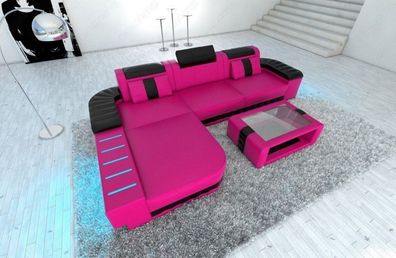 Ecksofa Bellagio L Form Ledersofa pink-schwarz Sofa mit LED Couch & USB Anschluss