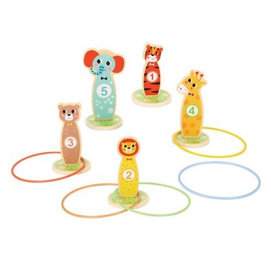 Tooky Toy Ringwurfspiel T401 aus Holz 15-teilig, 5 bunte Tierfiguren, 5 Ringe