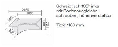 Gera Winkel-Schreibtisch 4 Fuß Flex 135° links höhenverstellbar 2166x1130x680-800m...