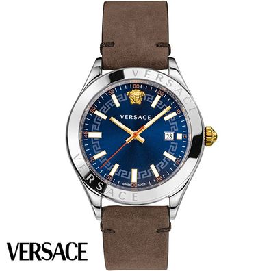 Versace VEVK00220 Hellenyium silber blau braun Leder Armband Uhr Herren NEU