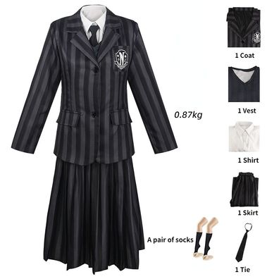 Damen Wednesday Addams Cosplay Kostüm Streifen School Uniforms Set Schwarz