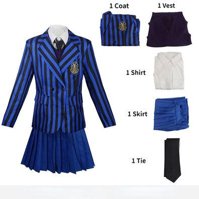 Damen Wednesday Addams Cosplay Kostüm Streifen School Uniforms Set Blau