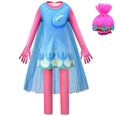 Kinder Anime Trolls 2 Poppy Cosplay Kostüm Jumper Skirt Bodysuit Perücke Set