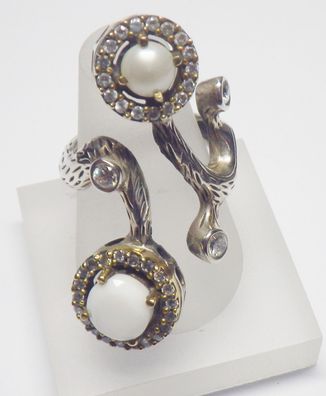 üppiger Vintage Ring aus Silber 800, Gold, reich besetzt: Perle, Zirkonia, Andenopal