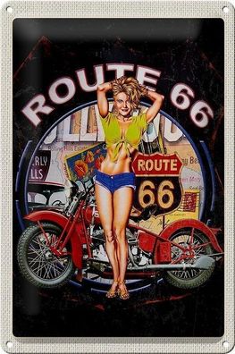 Blechschild 30 x 20 cm Route 66 Sexy Biker Girl auf Motorrad