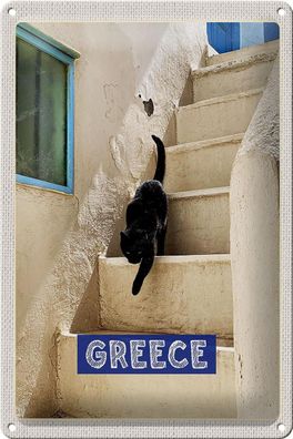 Blechschild Reise 20x30cm Greece Griechenland weiße Treppe Katze Schild tin sign