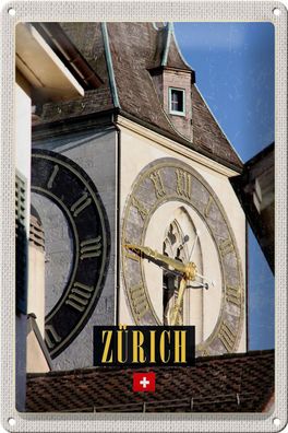 Blechschild Reise 20x30 cm Zürich Kirchenuhr Gold Architektur Schild tin sign