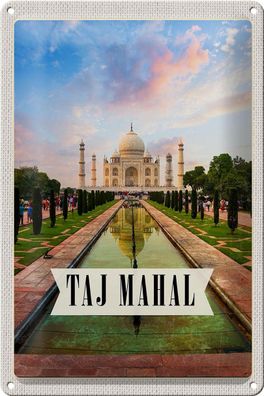 Blechschild Reise 20x30 cm Indien Taj Mahal Agra Garten Bäume Schild tin sign