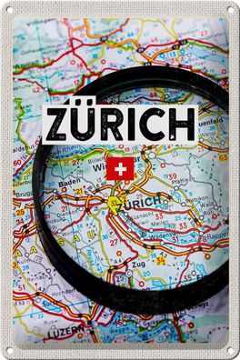 Blechschild Reise 20x30 cm Zürich Schweiz Karte Lupe Stadt Deko Schild tin sign
