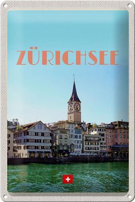 Blechschild Reise 20x30 cm Zürich Schweiz Ausblick See auf Stadt Schild tin sign