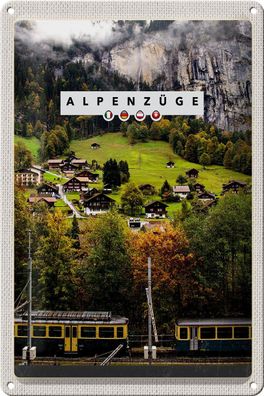 Blechschild Reise 20x30 cm Alpenzüge Schweiz Bahn Tal Häuser Schild tin sign