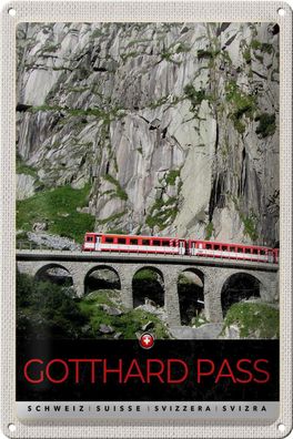 Blechschild Reise 20x30 cm Gotthard Pass Schweiz rote Lokomotive Schild tin sign