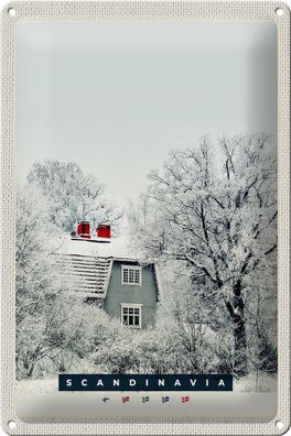 Blechschild Reise 20x30 cm Skandinawien Schnee Weiß Natur Haus Schild tin sign