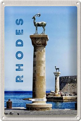 Blechschild Reise 20x30 cm Griechenland Rhodos Meer Skulptur Schild tin sign