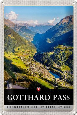 Blechschild Reise 20x30 cm Gotthard Pass Wanderung Natur Wälder Schild tin sign