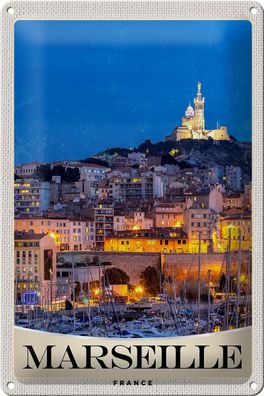 Blechschild Reise 20x30 cm Marseille Frankreich Kirche Nacht Schild tin sign